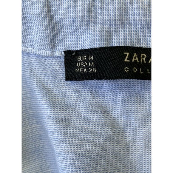 Zara Womens Shirt Maxi Duster Medium Blue Embroidered Floral Collared Tie Front - Picture 9 of 12